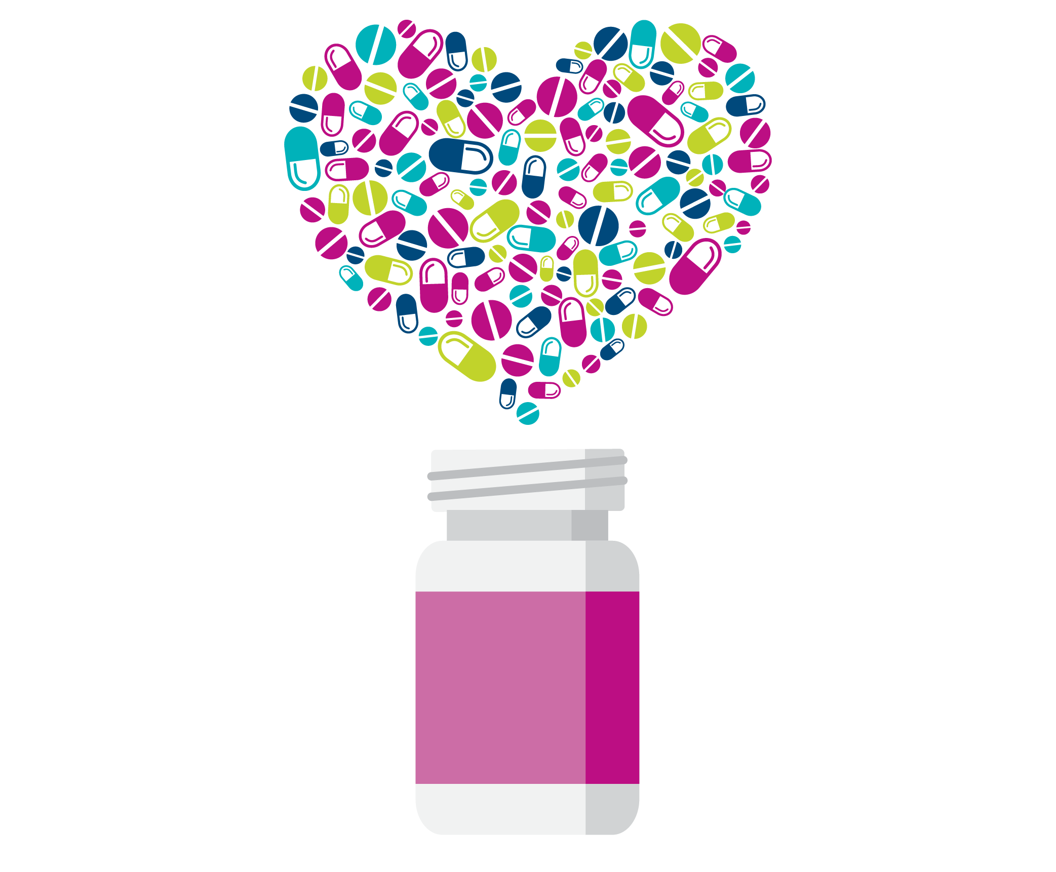 Bottle with pills forming a heart
